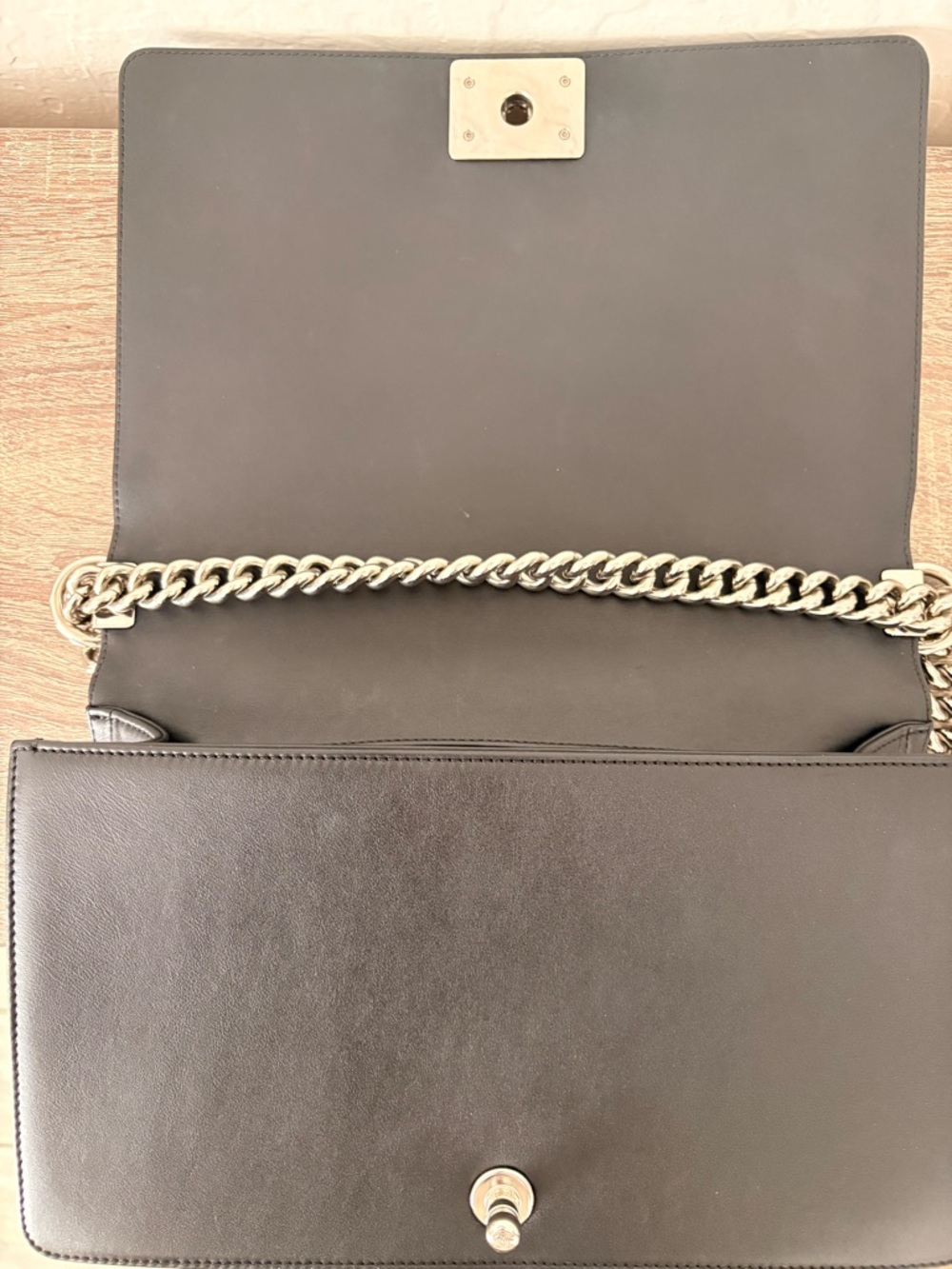 CHANEL Black Calfskin Chevron Boy Bag with Silver Hardware and Gourmette Chain - Picture 8 of 13